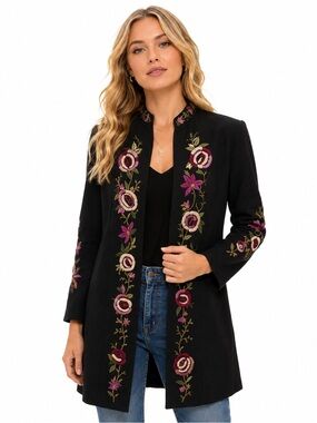 Newport News Black Floral Embroidered Boho‎ Festival Long Coat Jacket Size 6